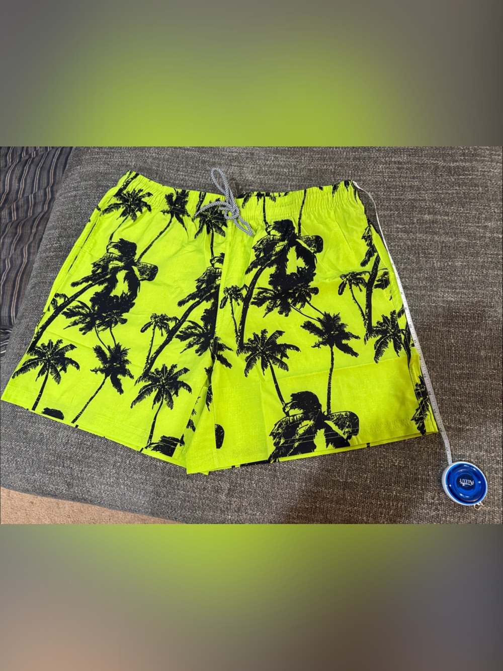 Neon Green Palm-Print Men's Swim Trunks